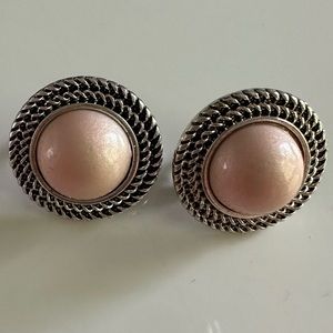 Silver tone and pink clip on earrings